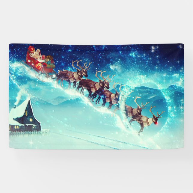 Santa Claus Flying with Reindeer Banner (Horizontal)
