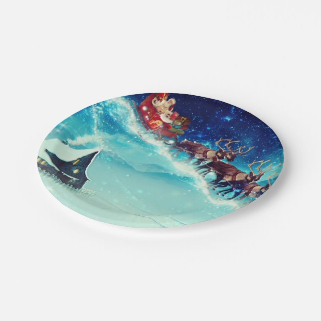 Santa Claus Flying with Reindeer Paper Plate (Angled)