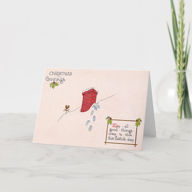 Santa Claus Footprints Chimney Snow Weathervane Holiday Card (Front)