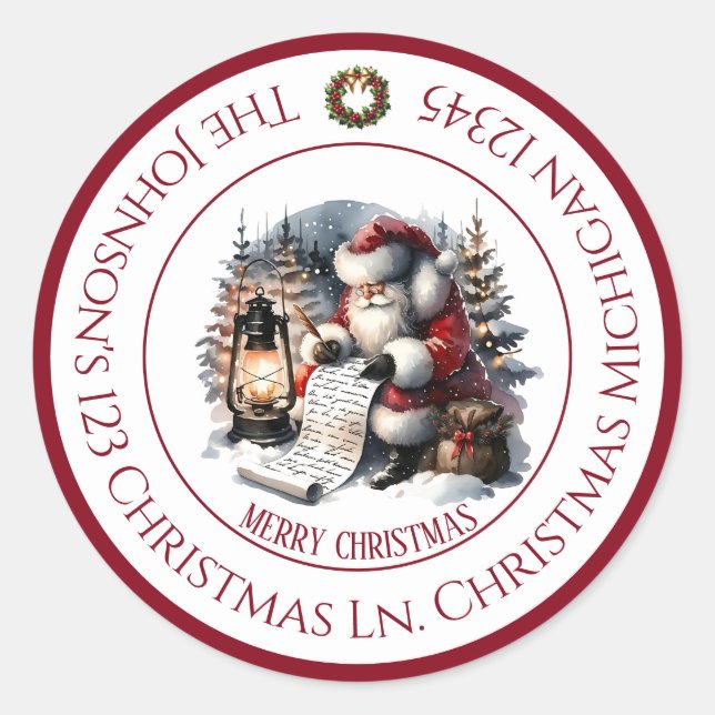 Santa Claus Forest Scene  Classic Round Sticker (Front)