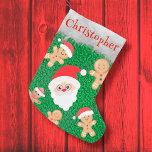 Santa Claus gingerbread man custom name cute<br><div class="desc">Santa Claus and gingerbread man custom name Small Christmas Stocking</div>