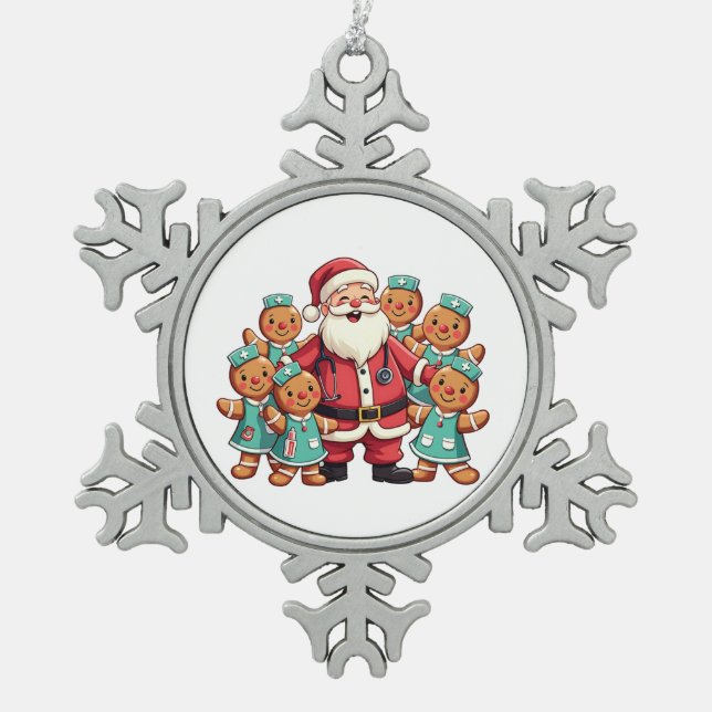Santa Claus Gingerbread Nursing Squad Snowflake Pewter Christmas Ornament (Front)