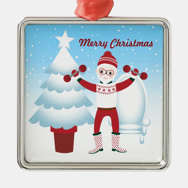 Santa Claus goes to the gym Metal Tree Decoration (Front)