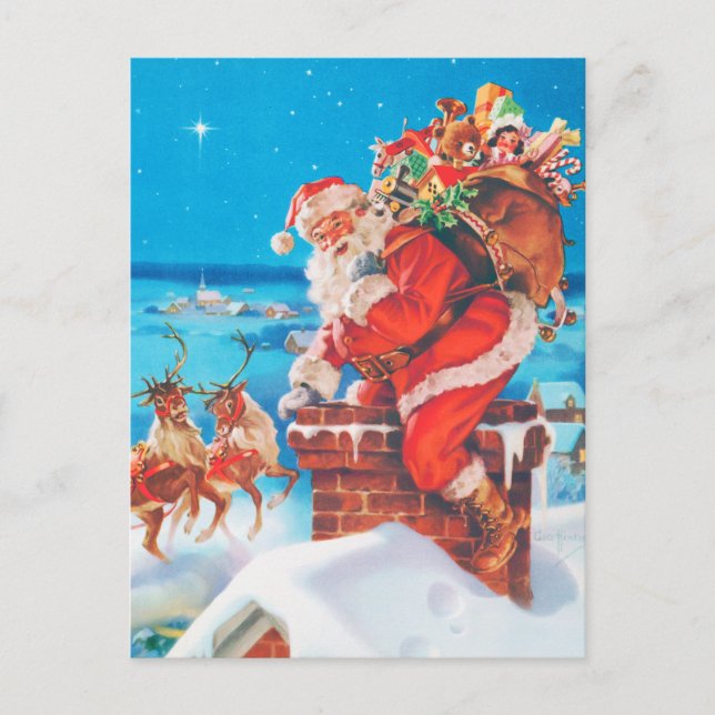 Santa Claus Going Down the Chimney Holiday Postcard (Front)