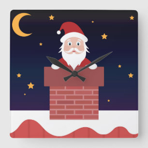 Santa Claus going down the chimney on xmas night Square Wall Clock