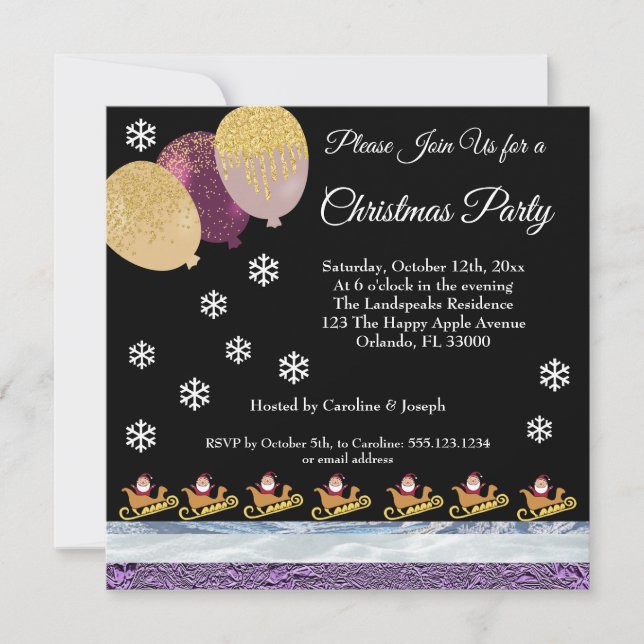 Santa Claus Gold Glitter Party Balloons Christmas Invitation (Front)
