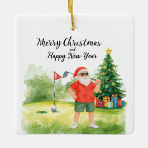 Santa Claus golfing on putting green Ceramic Ornament