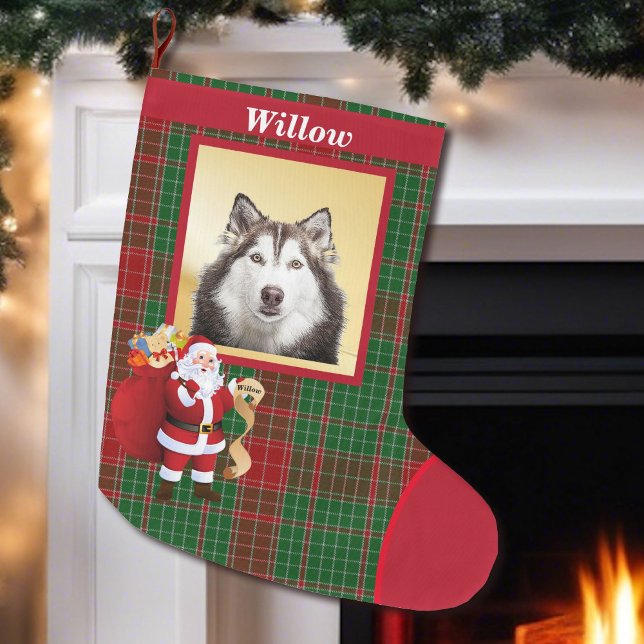 Santa Claus Good Dog List Photo Name Large Christm Large Christmas Stocking (Creator Uploaded)