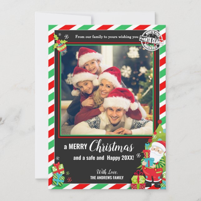 Santa Claus Green Red Photo Christmas Greetings Holiday Card (Front)