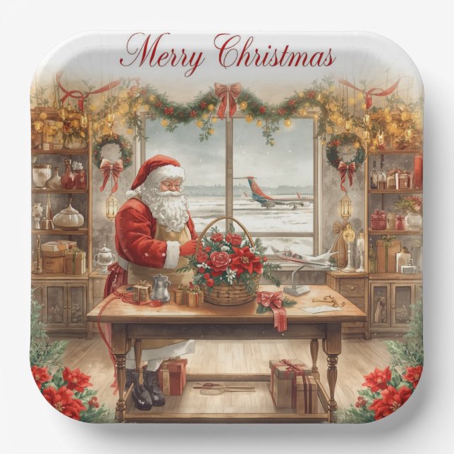 Santa Claus greeting from airport  Paper Plate (Front)