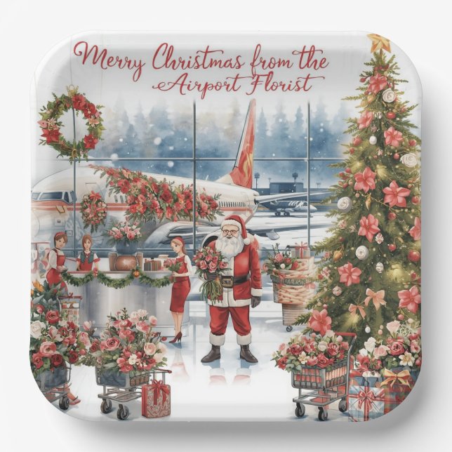 Santa Claus greeting from airport  Paper Plate (Front)