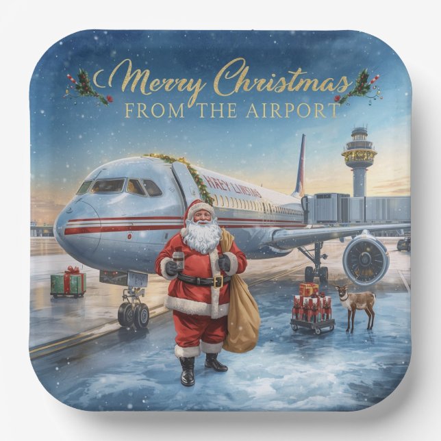 Santa Claus greeting from airport  Paper Plate (Front)