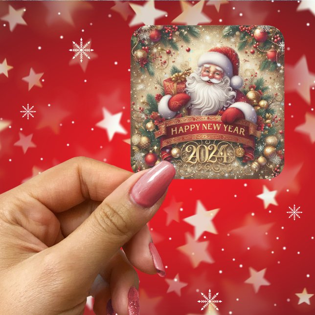 Santa Claus Happy New Year Square Sticker (Santa Claus Happy New Year Square Sticker)