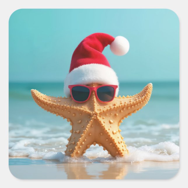 Santa Claus Hat On a Starfish Square Sticker (Front)