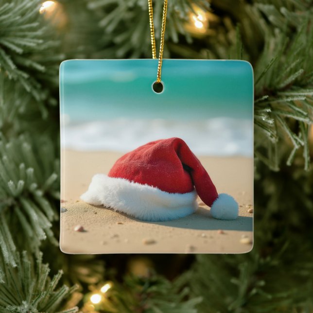 Santa Claus Hat On a Tropical Beach Ceramic Ornament (Tree)