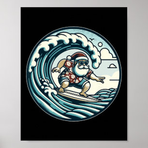 Santa Claus Hawaiian Surfing Christmas Aloha Tropi Poster