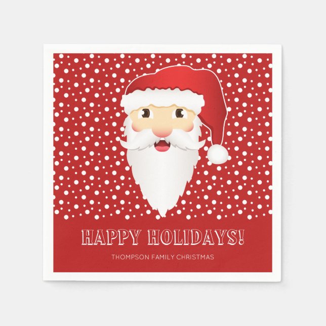 Santa Claus Head On Red & Custom Name Christmas Napkin (Front)