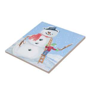 Santa Claus Helper Building A Silly Snowman Tile