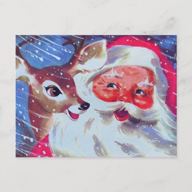 Santa Claus & his Reindeer Vintage Christmas Postcard (Front)