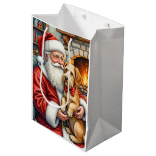 Santa Claus Holding Airedale Christmas Art Medium Gift Bag
