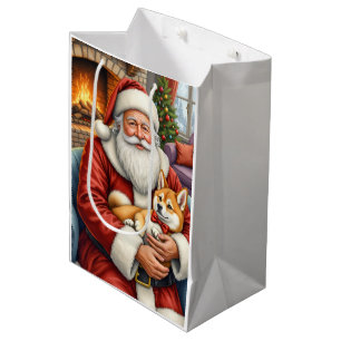 Santa Claus Holding Akita Christmas Art Medium Gift Bag