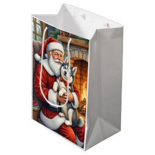 Santa Claus Holding Alaskan Malamute Christmas Art Medium Gift Bag