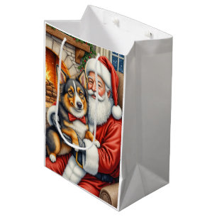 Santa Claus Holding Australian Shepherd Christmas  Medium Gift Bag