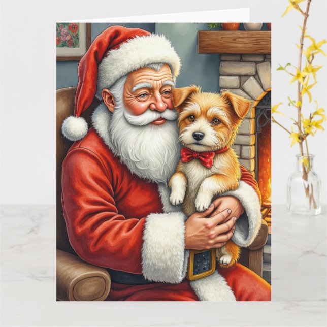 Santa Claus Holding Australian Terrier Christmas  Card (Yellow Flower)