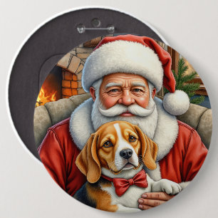 Santa Claus Holding Beagle Christmas Art 6 Cm Round Badge