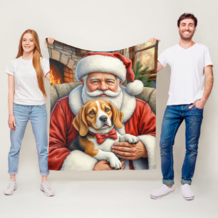 Santa Claus Holding Beagle Christmas Art Fleece Blanket