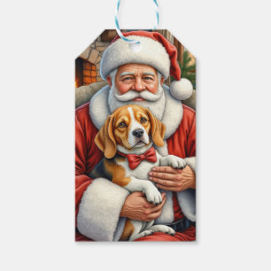 Santa Claus Holding Beagle Christmas Art Gift Tags