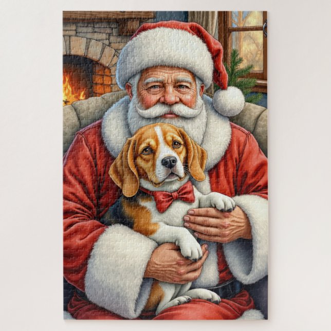 Santa Claus Holding Beagle Christmas Art Jigsaw Puzzle (Vertical)