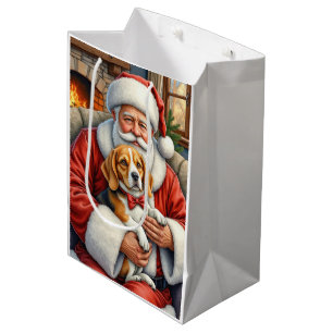 Santa Claus Holding Beagle Christmas Art Medium Gift Bag
