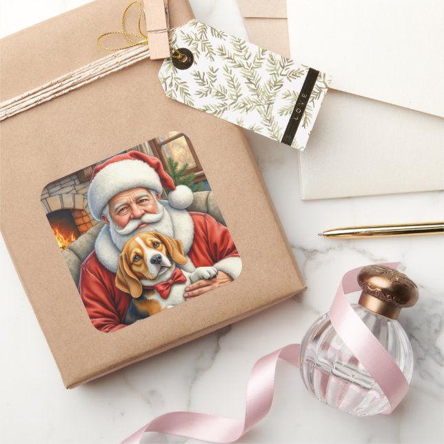 Santa Claus Holding Beagle Christmas Art Square Sticker (Gifting)