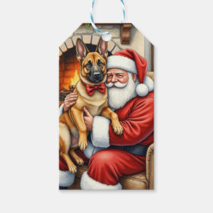 Santa Claus Holding Belgian Malinois Christmas Art Gift Tags