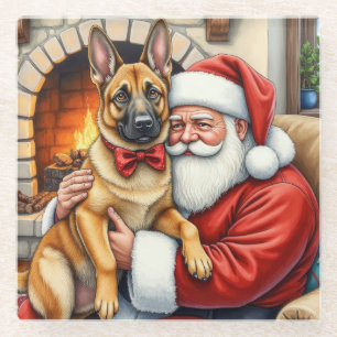 Santa Claus Holding Belgian Malinois Christmas Art Glass Coaster