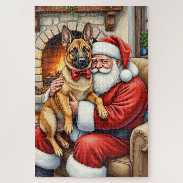 Santa Claus Holding Belgian Malinois Christmas Art Jigsaw Puzzle (Vertical)