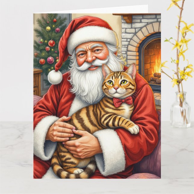 Santa Claus Holding Bengal Cat Christmas Art Card (Yellow Flower)