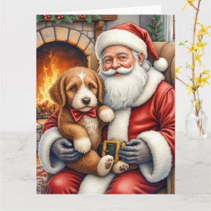 Santa Claus Holding Bernedoodle Christmas Art Card