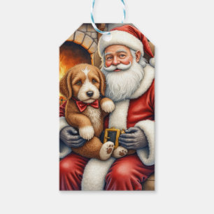 Santa Claus Holding Bernedoodle Christmas Art Gift Tags