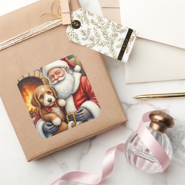 Santa Claus Holding Bernedoodle Christmas Art Square Sticker (Gifting)