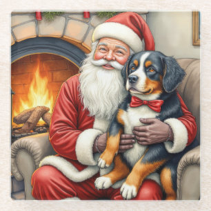 Santa Claus Holding Bernese Mountain Dog Christmas Glass Coaster