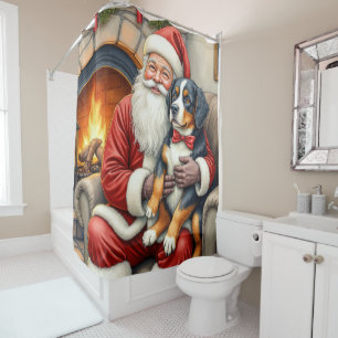 Santa Claus Holding Bernese Mountain Dog Christmas Shower Curtain