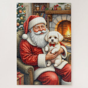 Santa Claus Holding Bichon Frise Christmas Art Jigsaw Puzzle