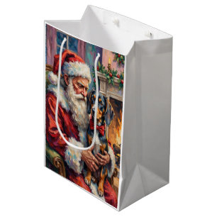 Santa Claus Holding Bluetick Coonhound Christmas  Medium Gift Bag