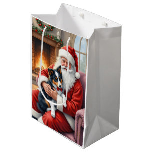 Santa Claus Holding Border Collie Christmas Art Medium Gift Bag