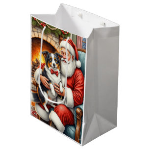 Santa Claus Holding Border Collie Christmas Art Medium Gift Bag