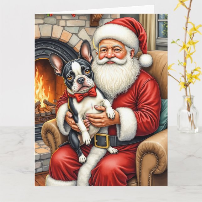 Santa Claus Holding Boston Terrier Christmas Art Card (Yellow Flower)
