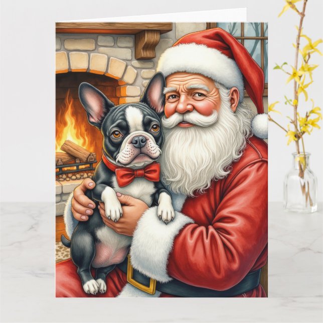 Santa Claus Holding Boston Terrier Christmas Art Card (Yellow Flower)