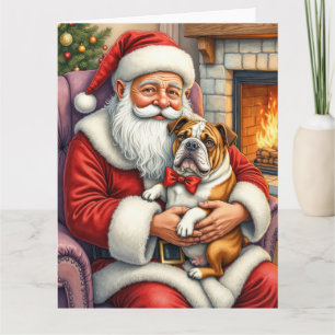 Santa Claus Holding Bulldog Christmas Art Card